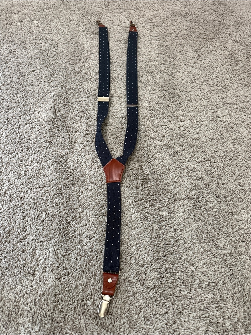 Boy’s Navy Polka Dot Suspenders with Brown Leather Accents